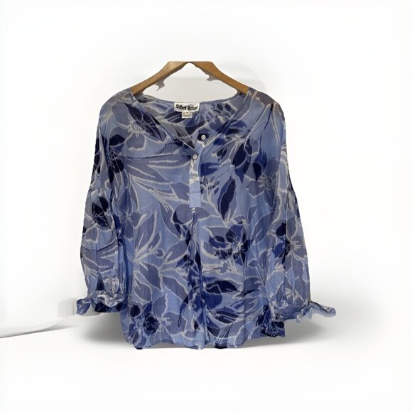 Clifford Michael Womens Blouse Sz 8 Blue Floral 3/4 Sleeve Silk Blend Chiffon‎ - Picture 2 of 9